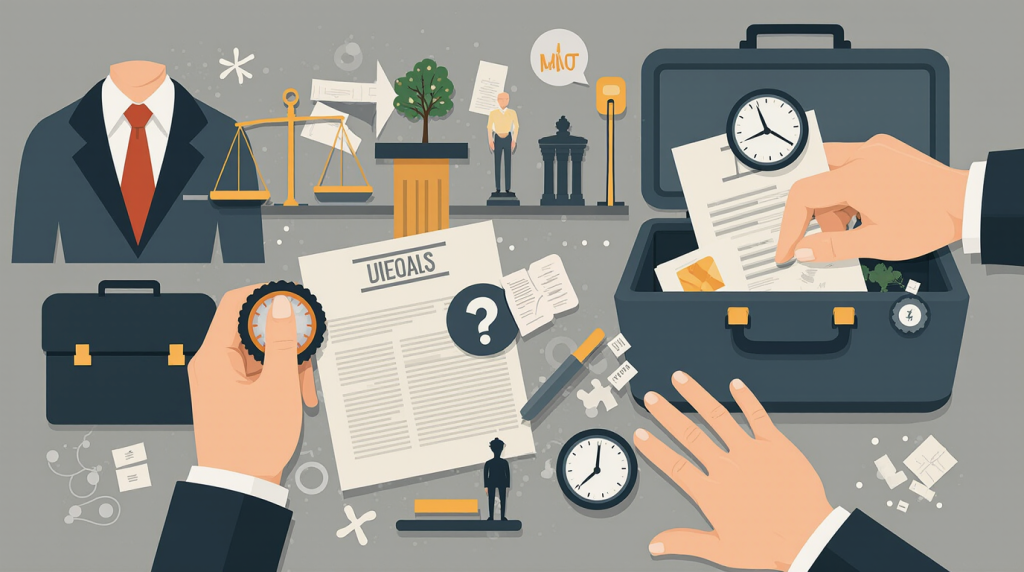 Representación de causas justificadas para no asistir a un juicio: una citación junto a símbolos de enfermedad o fuerza mayor en un entorno legal.