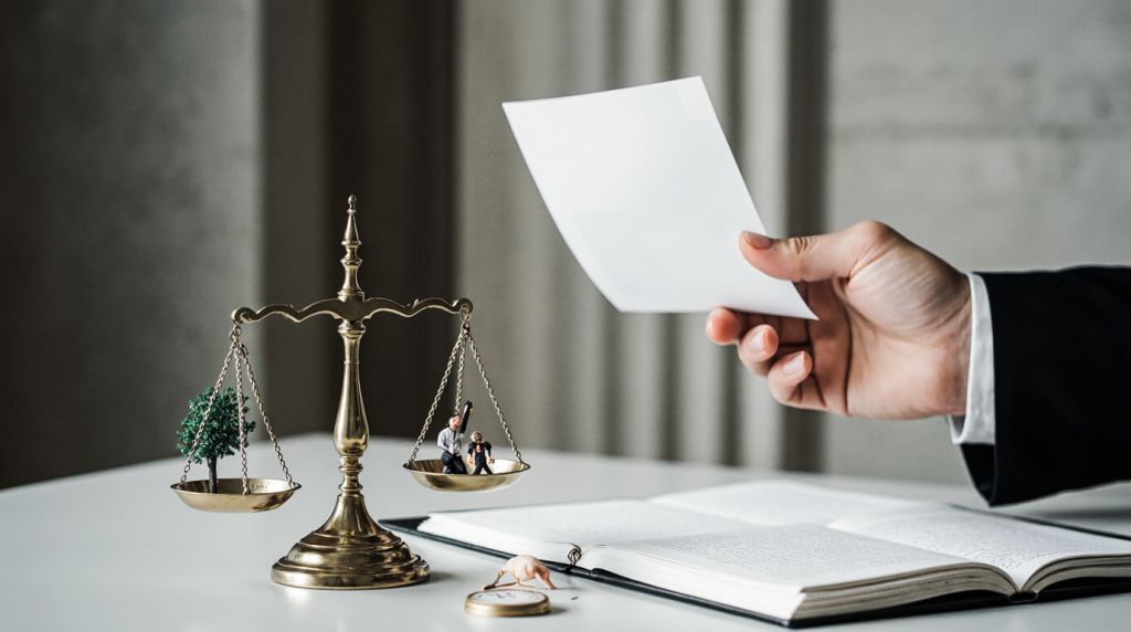 Representación de causas justificadas para no asistir a un juicio: una citación junto a símbolos de enfermedad o fuerza mayor en un entorno legal.